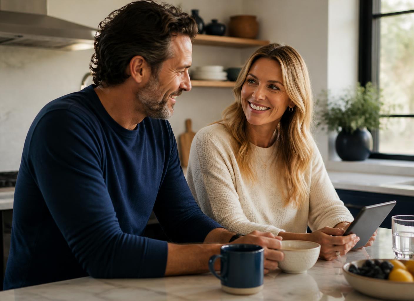 A couple reviewing their care plan together at home